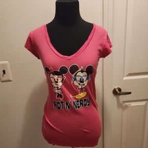 Disney Pink Hot N Nerdy Mickey Minnie Mouse Women's Small Shirt V Neck Top